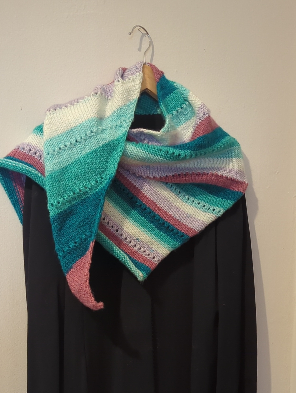 Handmade Striped Knit Triangle Shawl Scarf in Teal, Pink, White